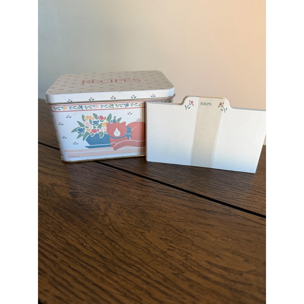 Vintage Recipe Tin Box Vintage 1988 Cat Floral Cream Good Metal With Cards